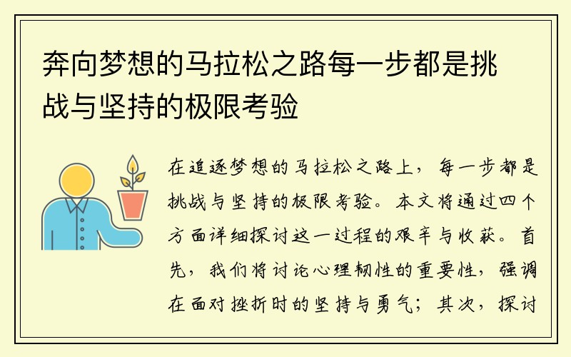 奔向梦想的马拉松之路每一步都是挑战与坚持的极限考验